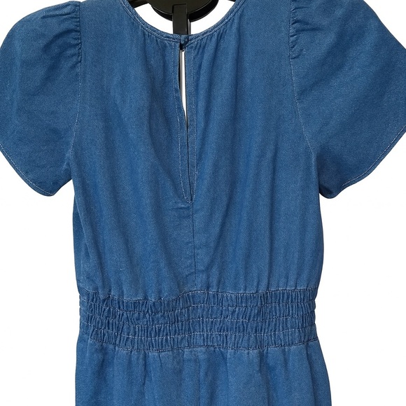 By Anthropologie Denim Romper Women’s Size Small Blue Smocked Waist Short Sleeve - Picture 3 of 4